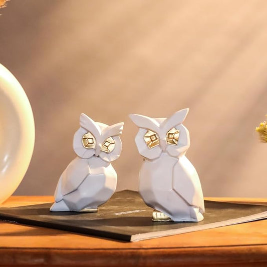 White Lucky Owl Pair Resin Art Figure Showpiece