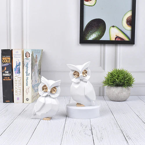 White Lucky Owl Pair Resin Art Figure Showpiece