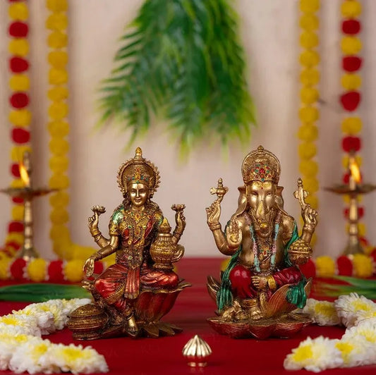 Ganesha Lakshmi Murti Pair (Antique Finish) - 6 Inch