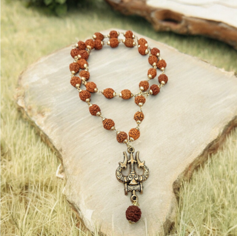 Gold Plated Rudraksha Trishool OM Necklace